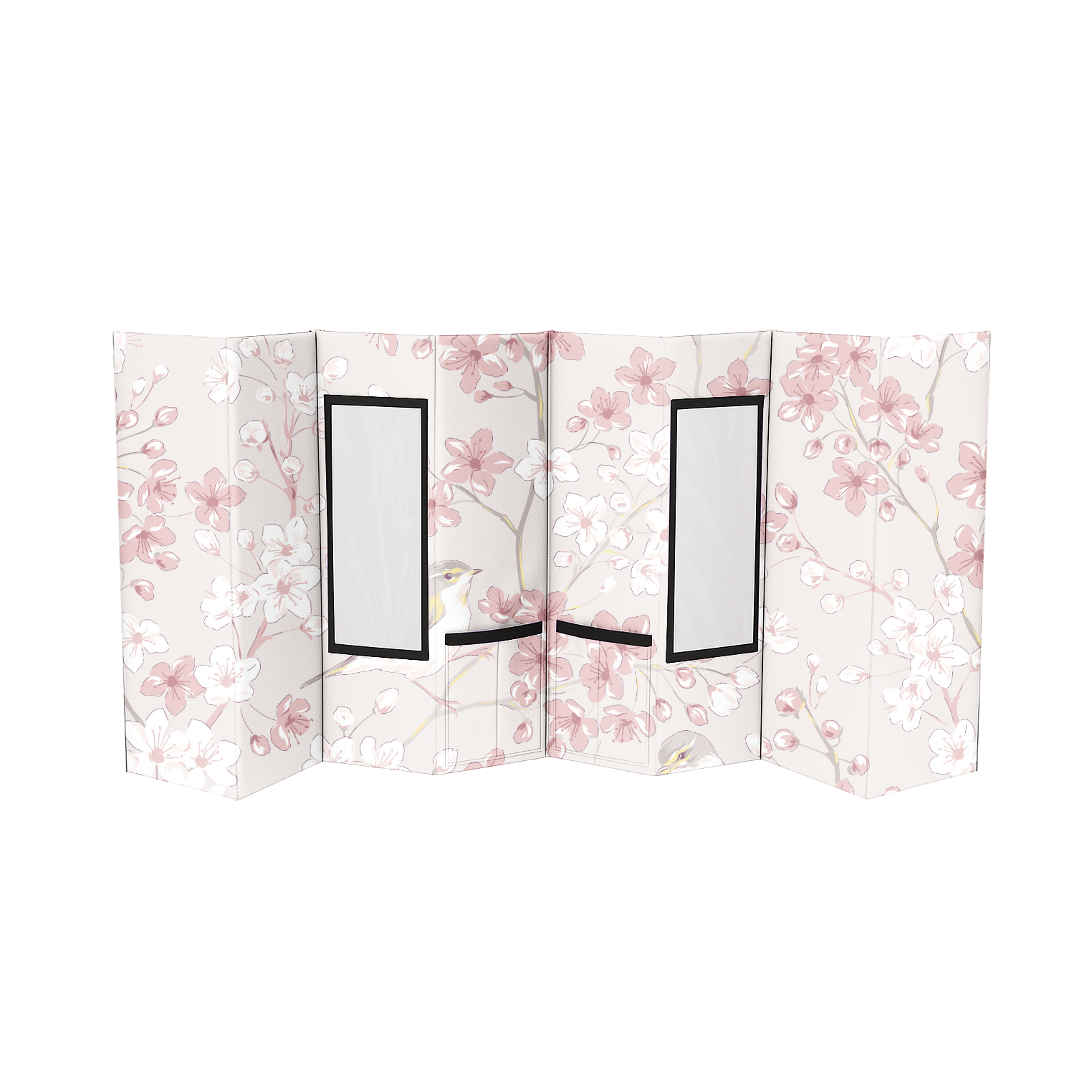 Portable pet grooming station with a light pink cherry blossom pattern and two clear windows.