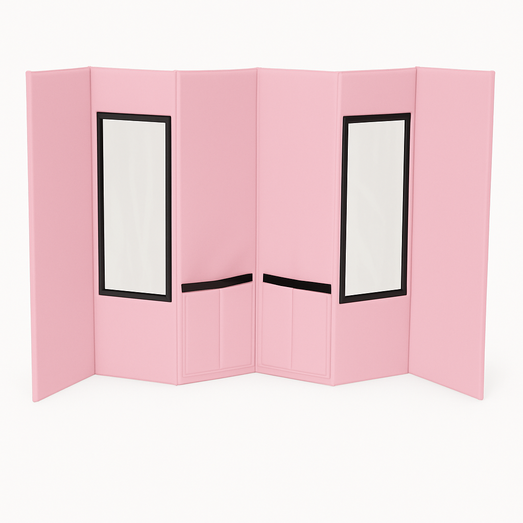 Pink foldable pet grooming station with two white framed windows and black straps.