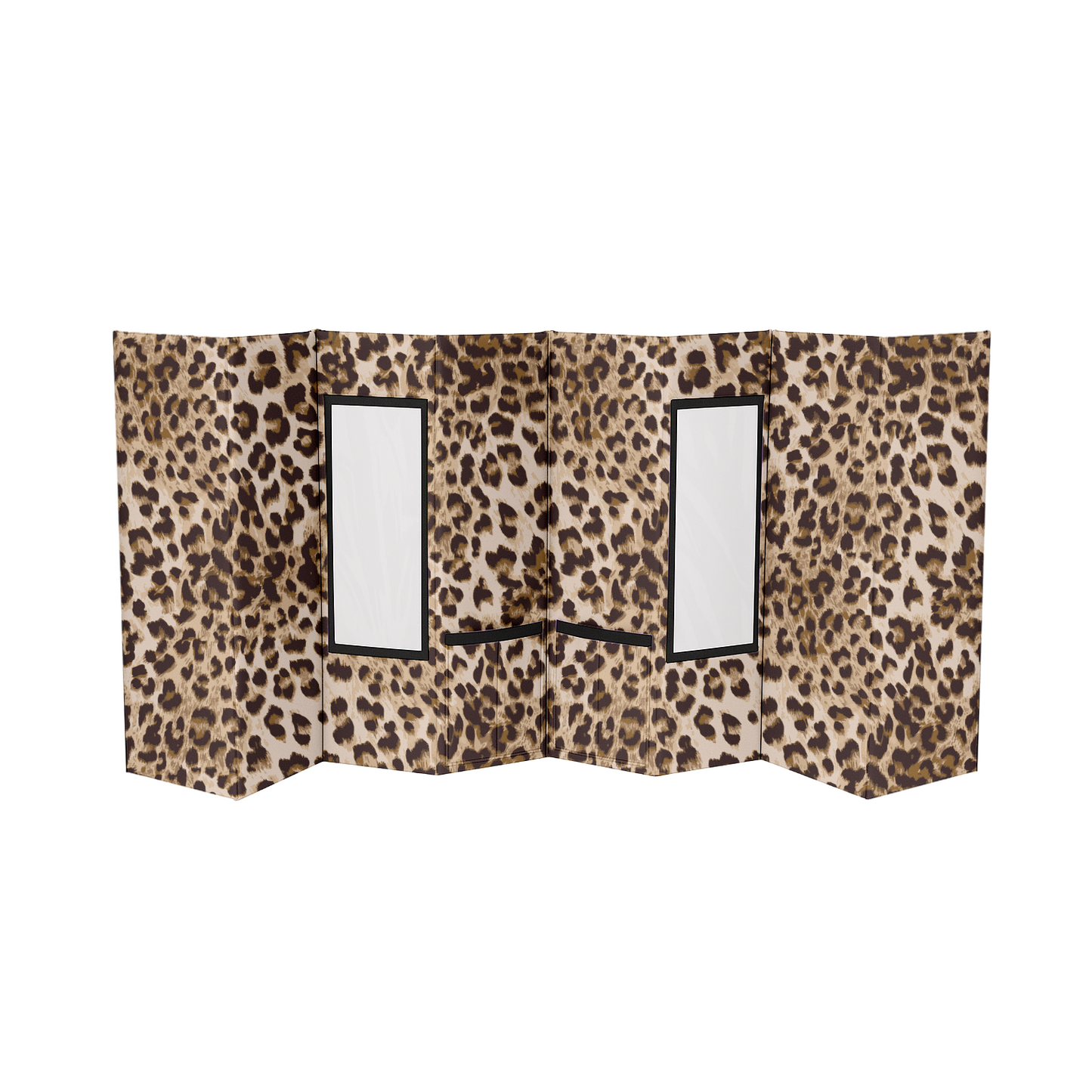 Leopard print portable pet grooming station with two clear rectangular windows.