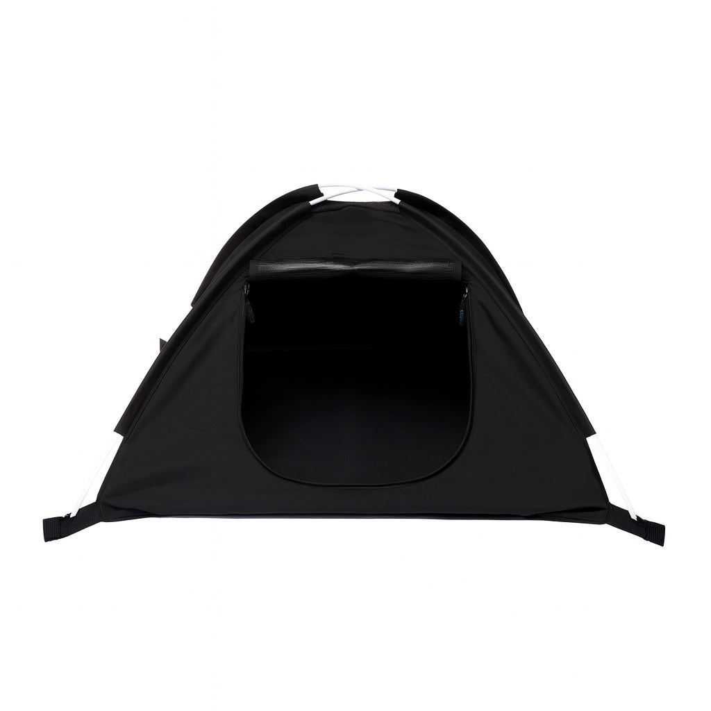 Black 600D polyester portable pop-up pet tent with open zippered entrance, ideal for small to medium pets.