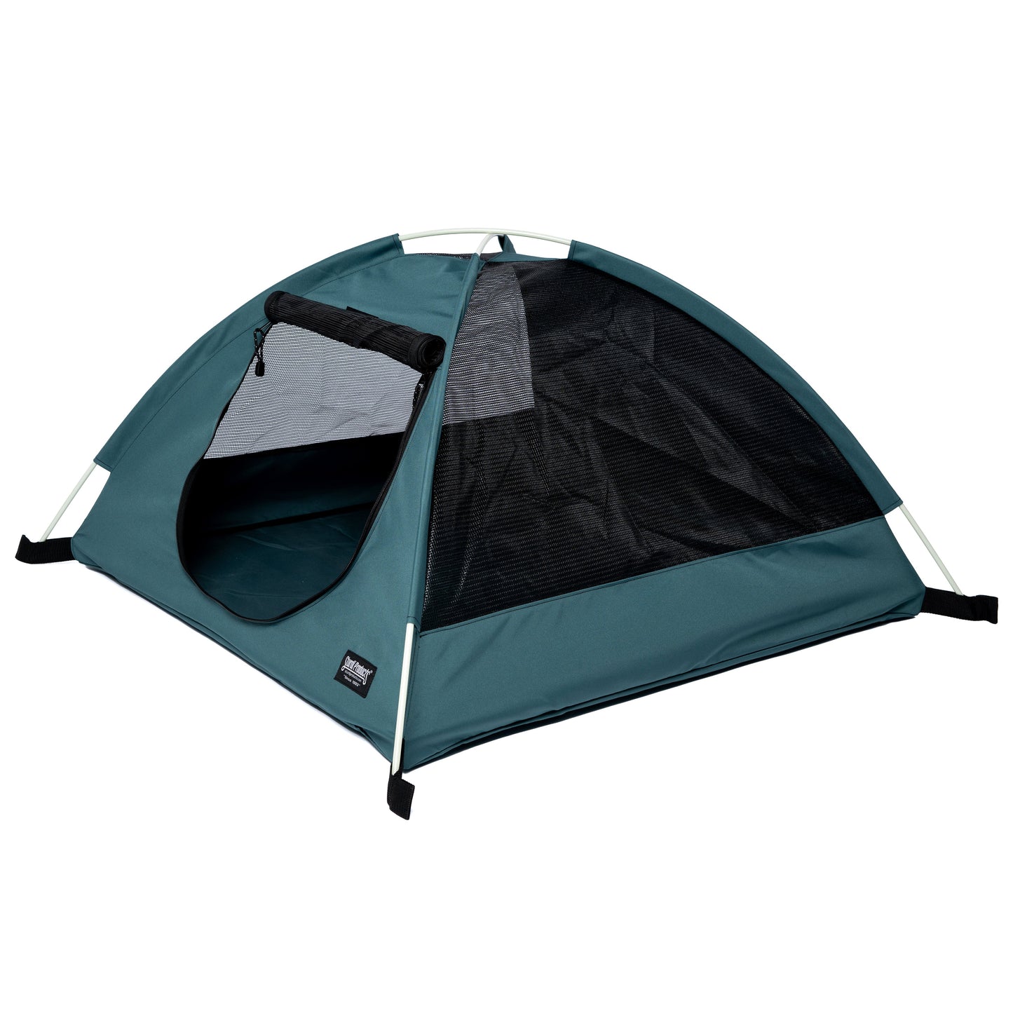 Teal 600D polyester portable pet tent with black mesh windows and rolled-up front door.