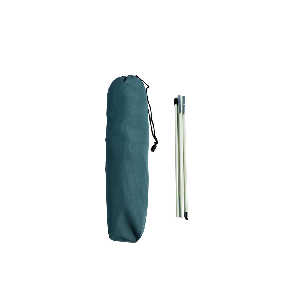 Teal 600D polyester pet tent storage bag with black drawstring, next to three folded tent poles.