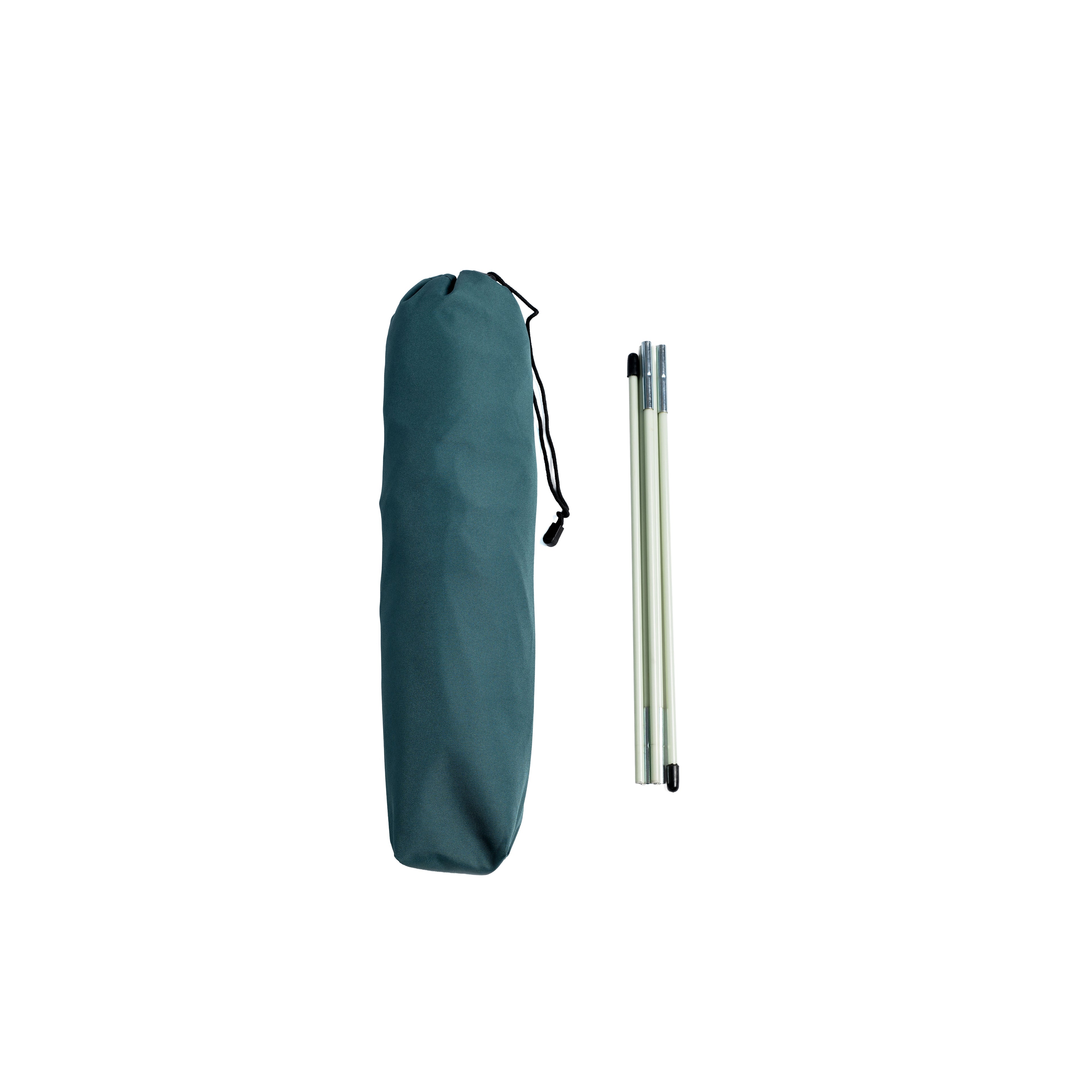 Teal 600D polyester pet tent storage bag with black drawstring, next to three folded tent poles.