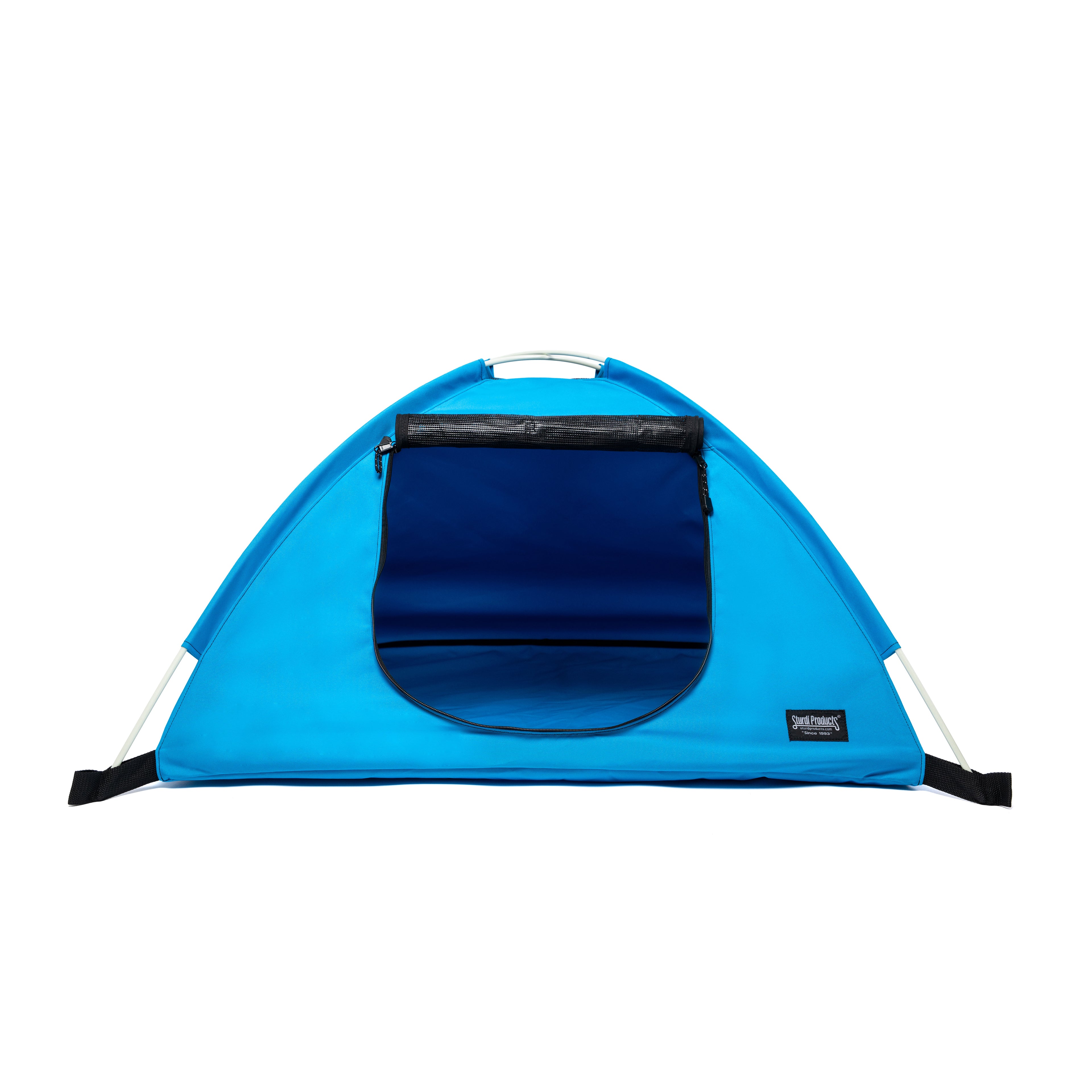 Blue portable pop-up pet tent with mesh window, made from durable 600D polyester.