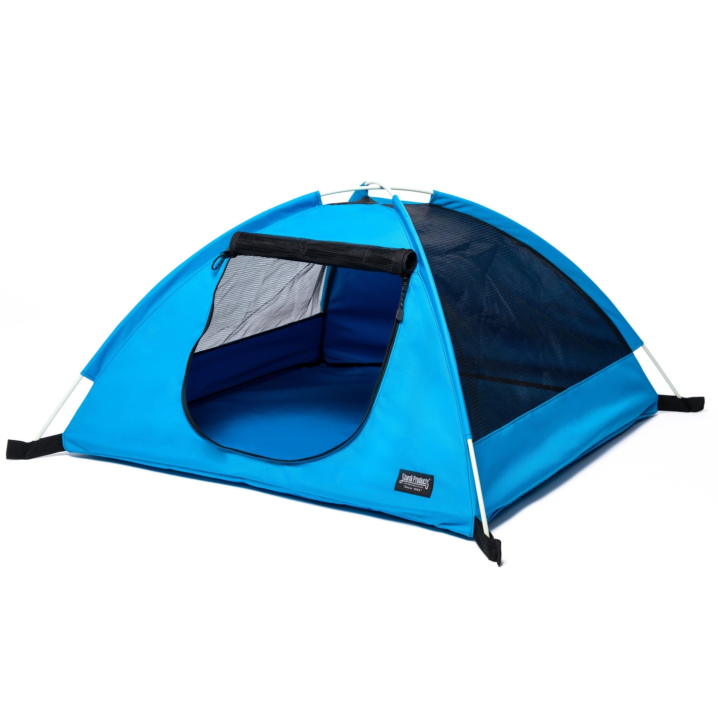 Blue 600D polyester portable pop-up pet tent with mesh windows and open front entry.