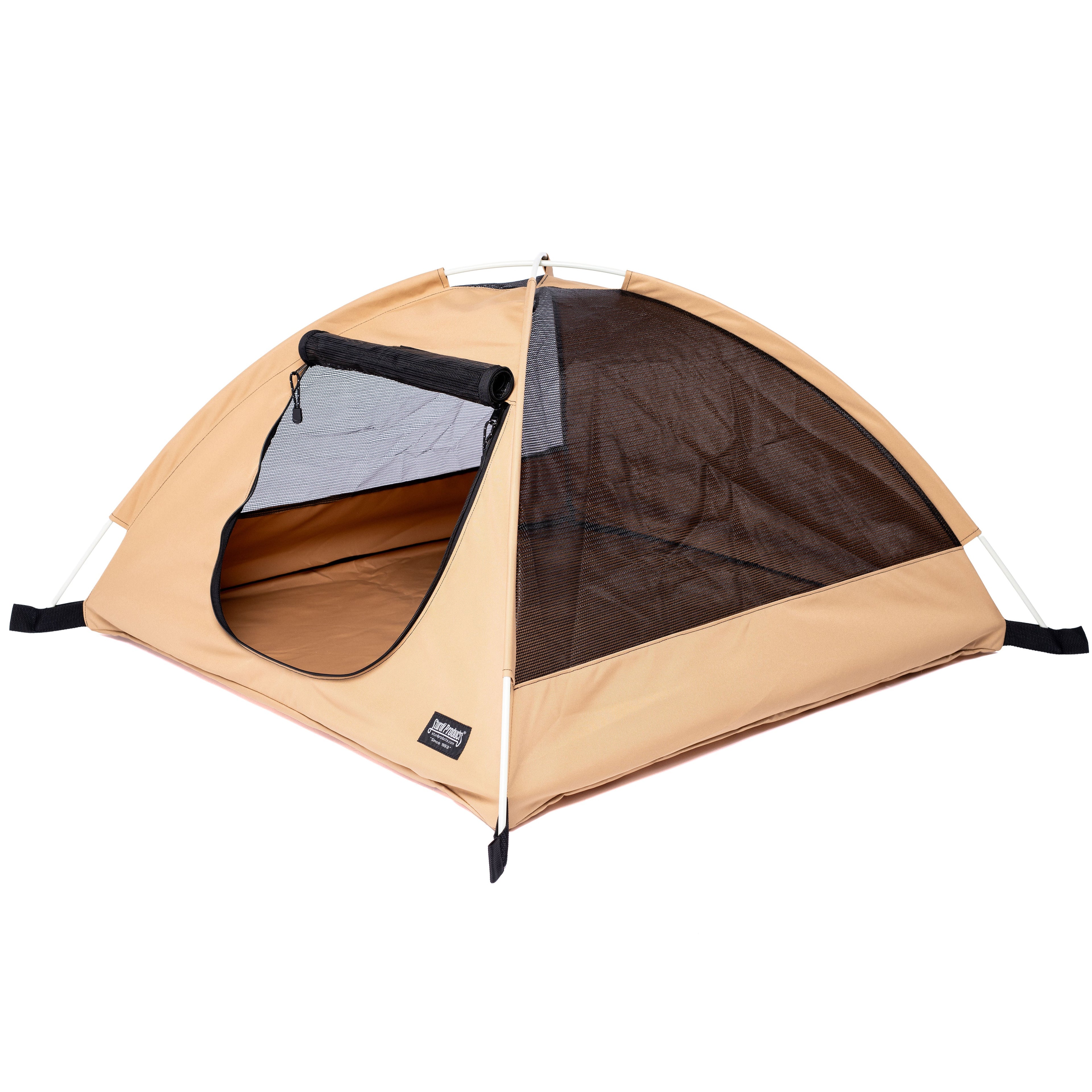 Tan 600D polyester portable pet tent with large mesh windows and roll-up door.