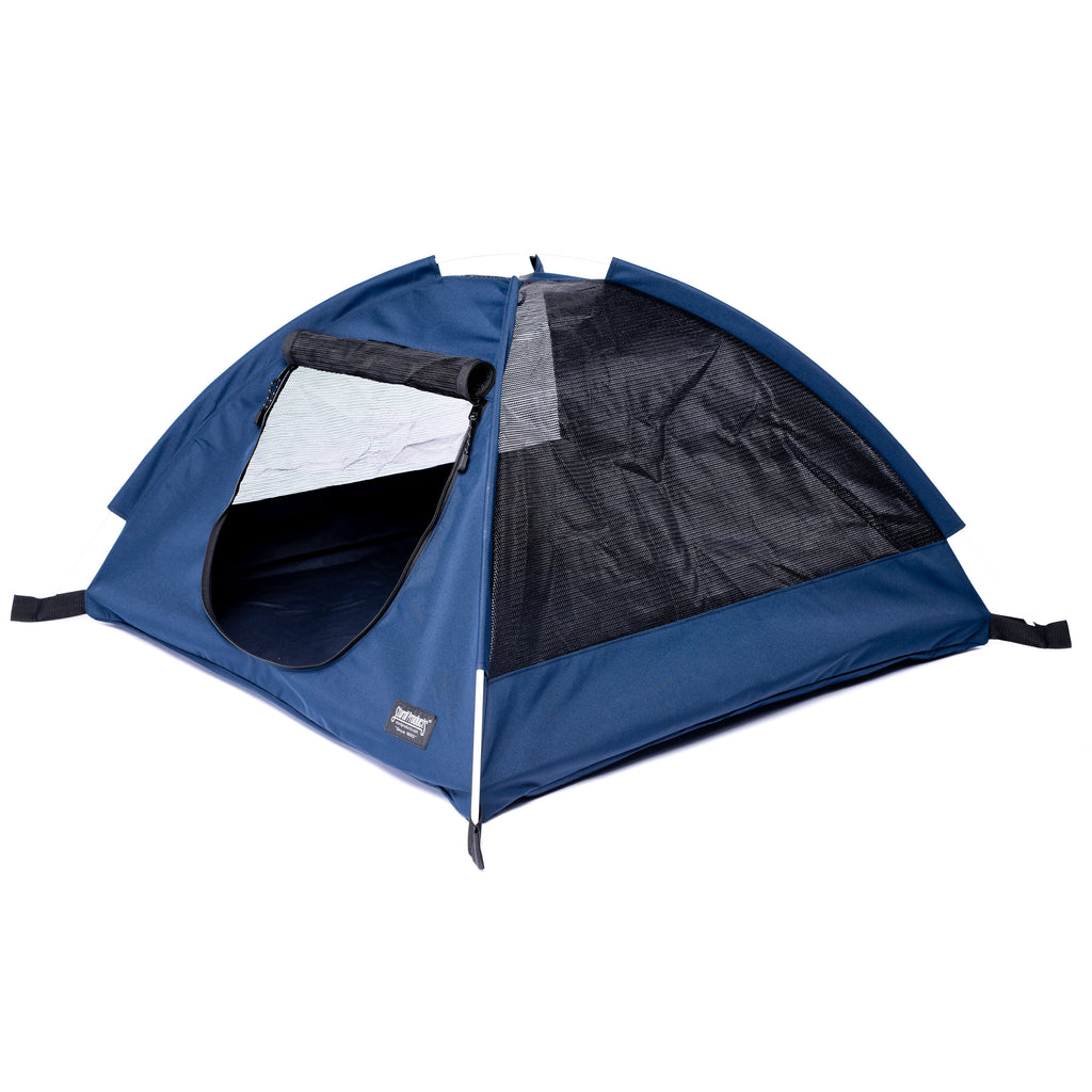 Navy blue pop-up pet tent with mesh windows and open front flap for small to medium pets.