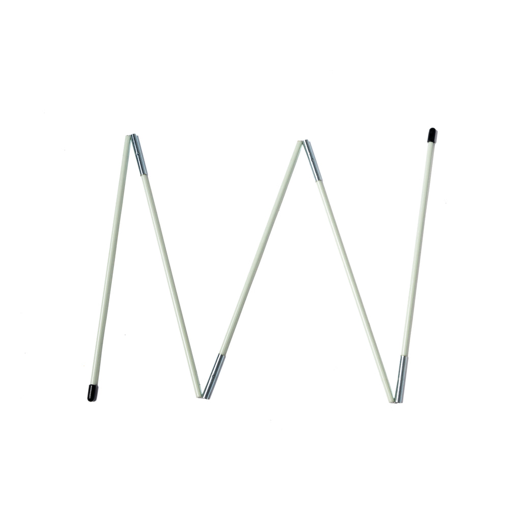 Folded white tent poles with silver connectors and black tips for a portable pet tent.