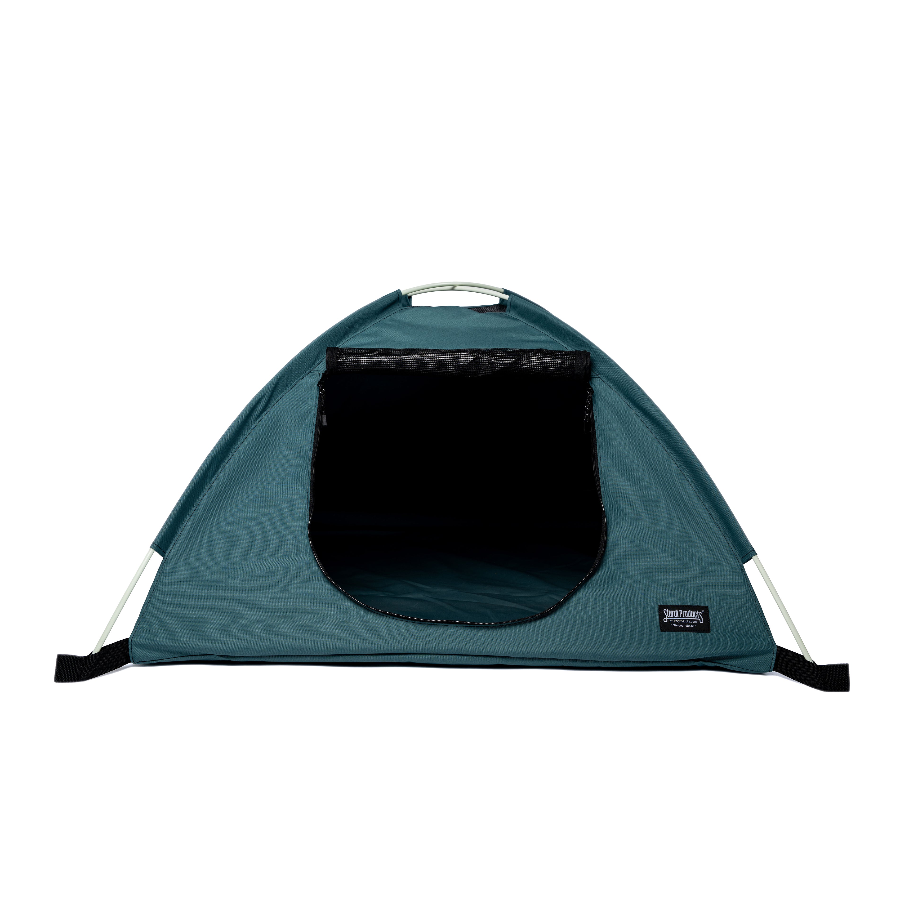 Teal 600D polyester portable pet tent with black mesh window and "Sturdi Products" logo.