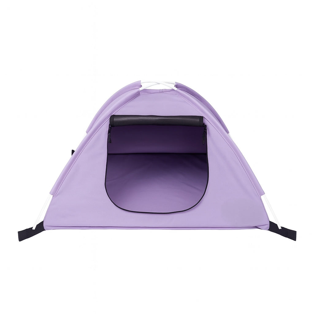 Purple 600D polyester portable pop-up pet tent with open black mesh front and white poles.