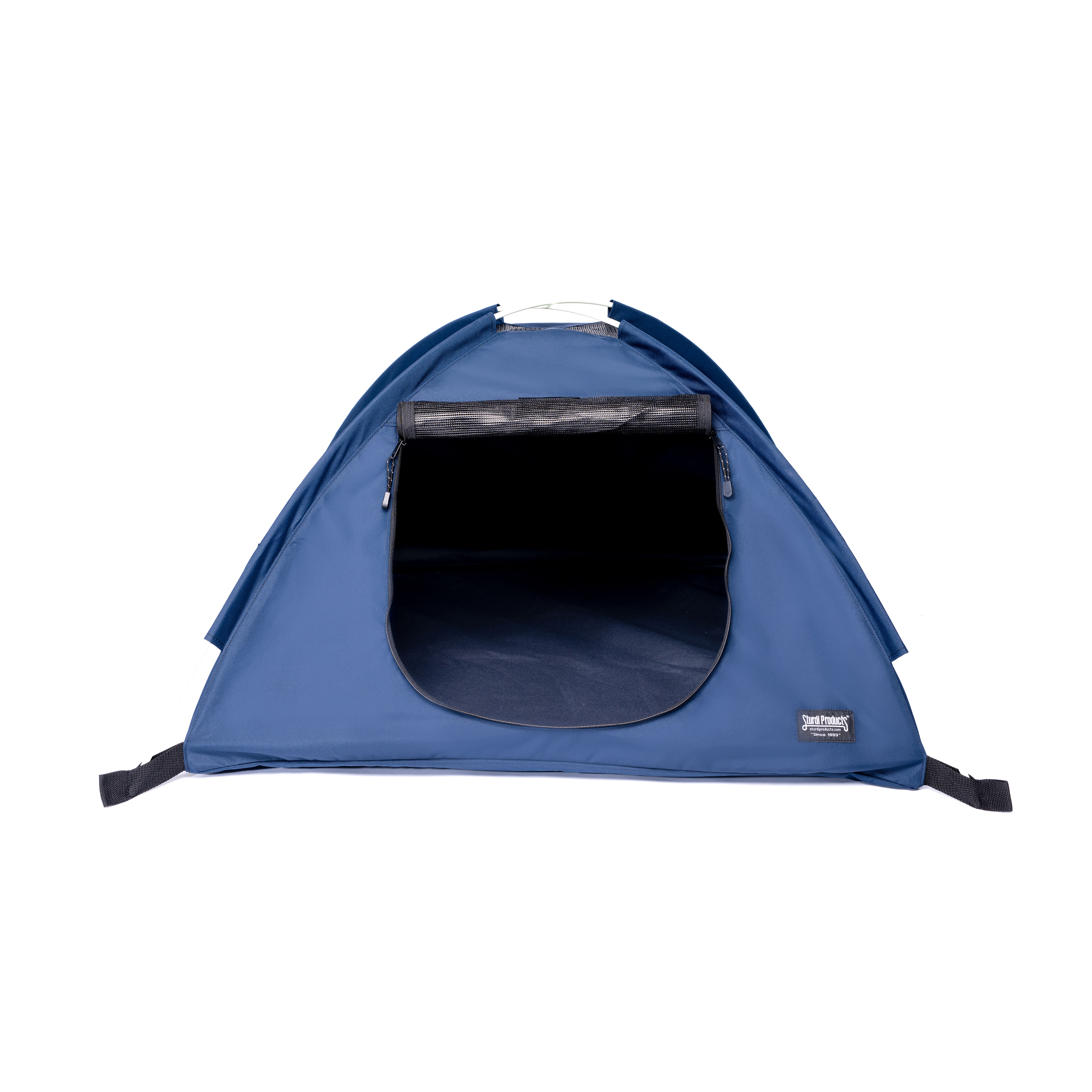 Navy blue 600D polyester portable pop-up pet tent with mesh window and open front.