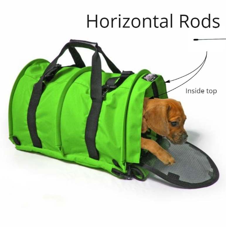 Bright green SturdiBag pet carrier with a brown puppy peeking out, showing where horizontal support rods are inserted.