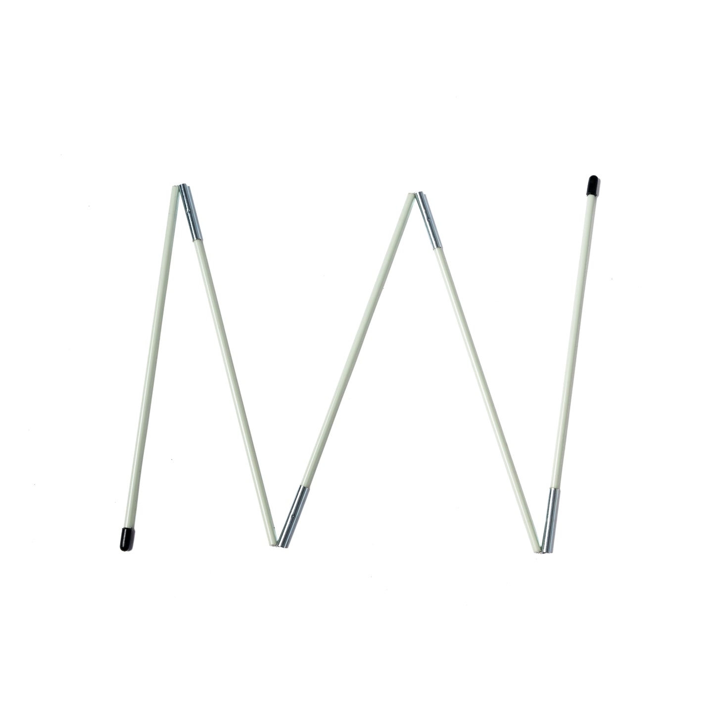 Folded light green fiberglass tent pole with silver connectors and black end caps.
