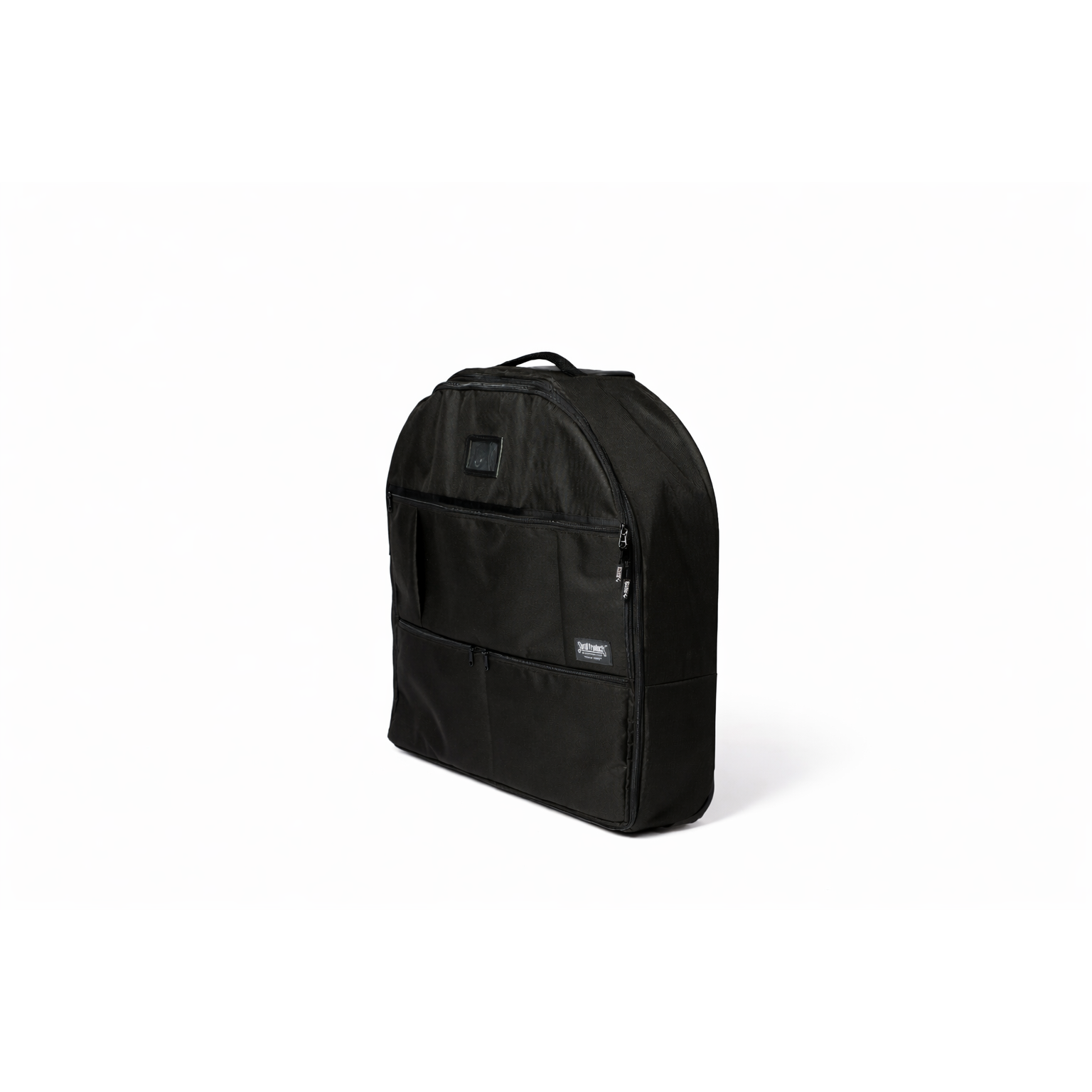 Black 600D polyester rolling luggage bag for pop-up kennels, with zippers and front pockets.