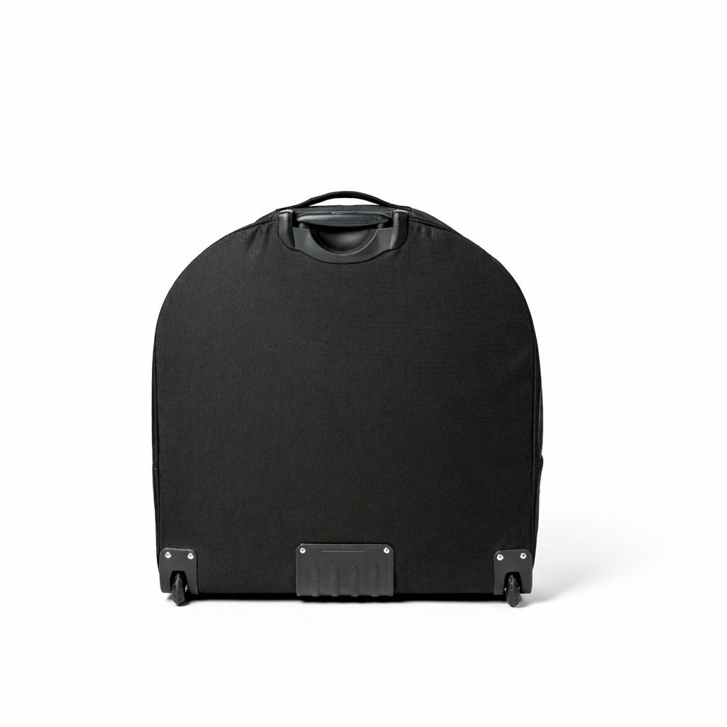 Black 600D polyester rolling luggage bag for pop-up kennels, with wheels and an extendable handle.