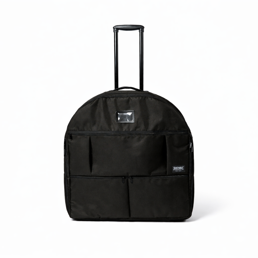 Black 600D polyester rolling luggage bag for pop-up kennels, with telescoping handle and front pockets.
