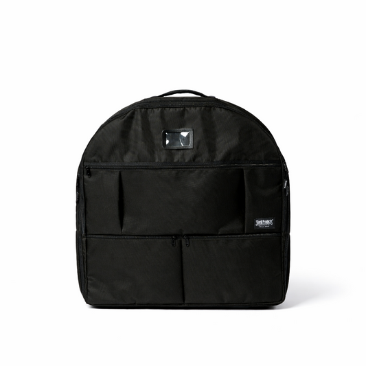 Black 600D polyester rolling pop-up kennel luggage bag with multiple zippered pockets and clear ID window.