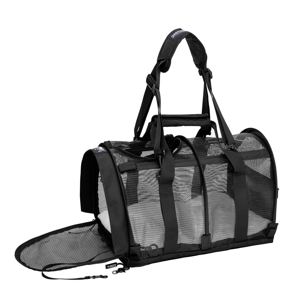 Black SturdiBag All Mesh pet carrier with an open side flap, showing its breathable design.