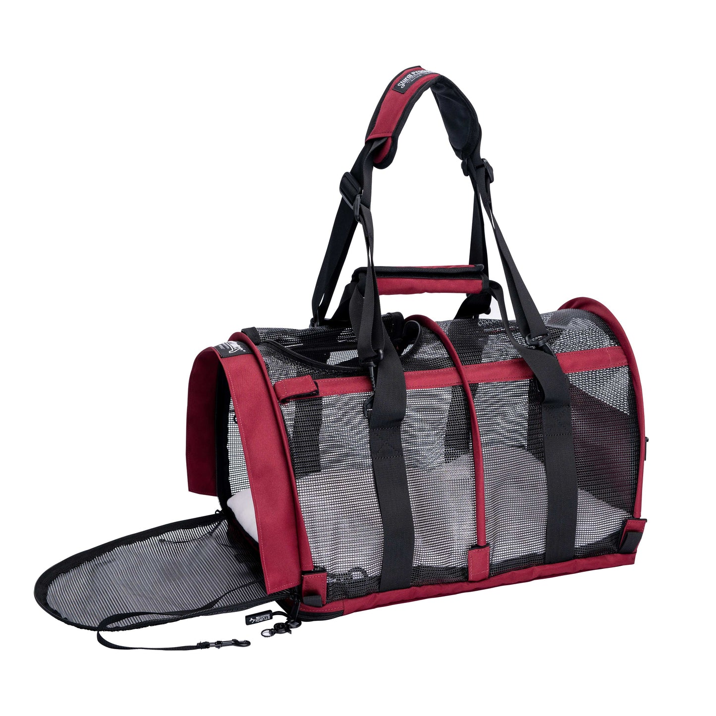 Red and black SturdiBag All Mesh Pet Carrier with one end unzipped, showing breathable mesh.