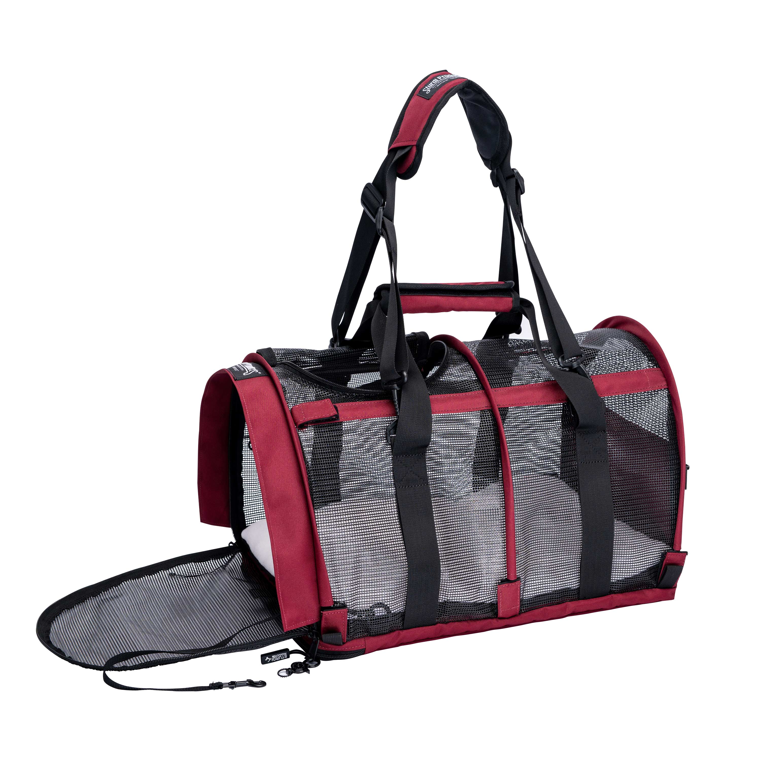 Red and black SturdiBag All Mesh Pet Carrier with one end unzipped, showing breathable mesh.