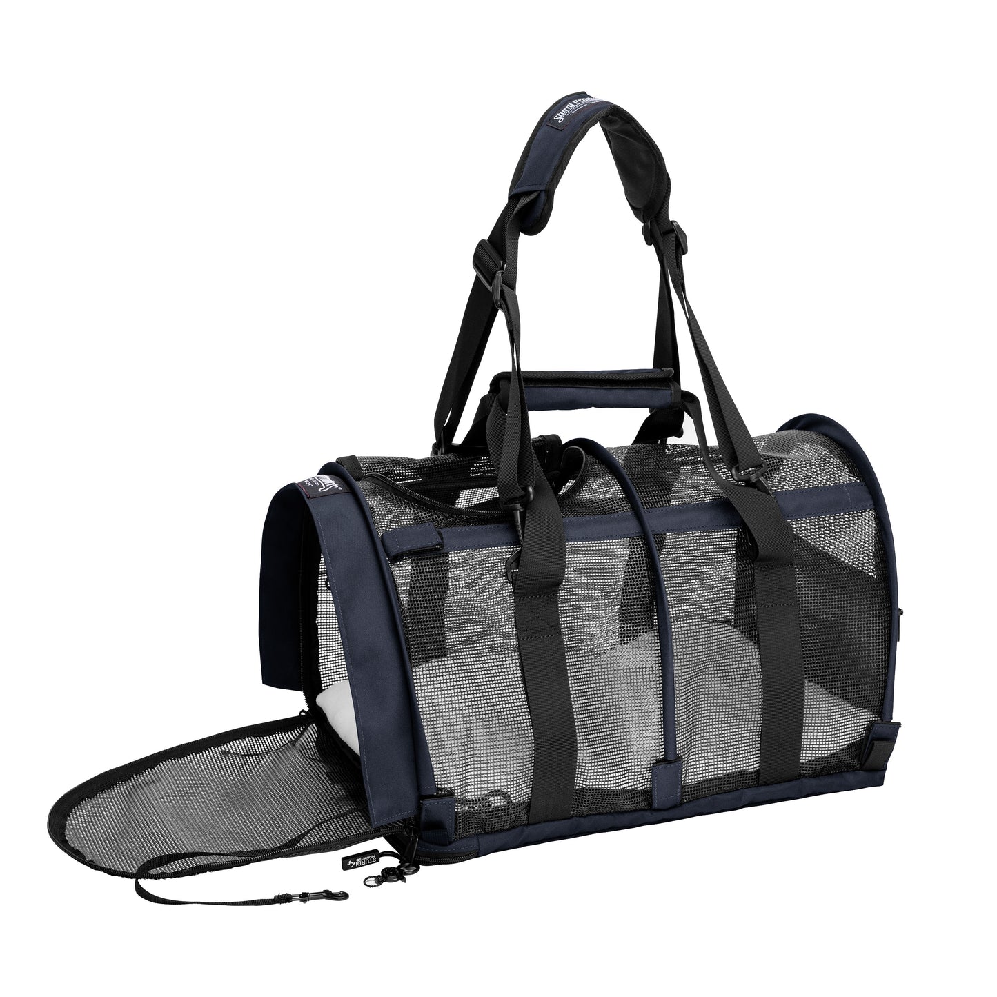 Navy blue SturdiBag All Mesh Pet Carrier with top handle, shoulder strap, and open side entry.