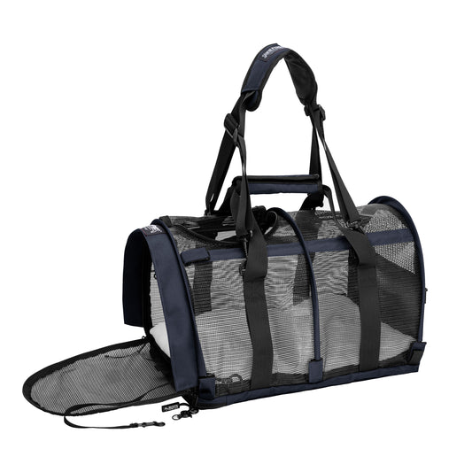 Navy blue SturdiBag All Mesh Pet Carrier with top handle, shoulder strap, and open side entry.