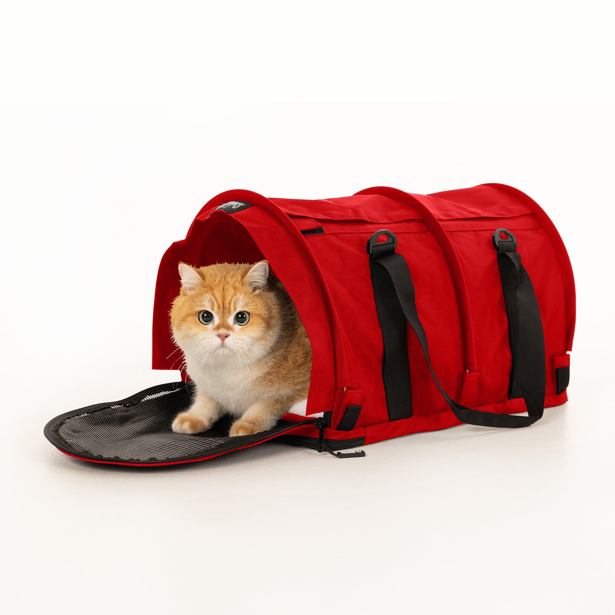 Ginger cat peeking from a red soft-sided SturdiBag Pro 2.0 pet carrier with mesh opening and black straps.