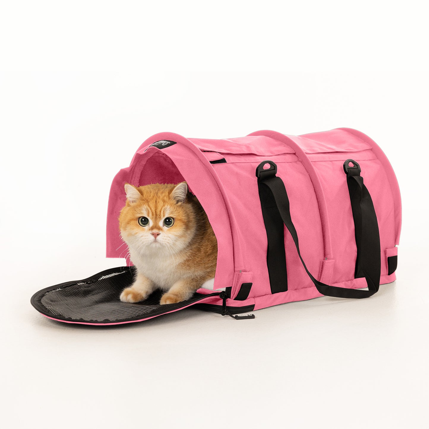 Pink SturdiBag Pro 2.0 soft-sided pet carrier with a ginger cat peeking out, showing mesh panels and black straps.