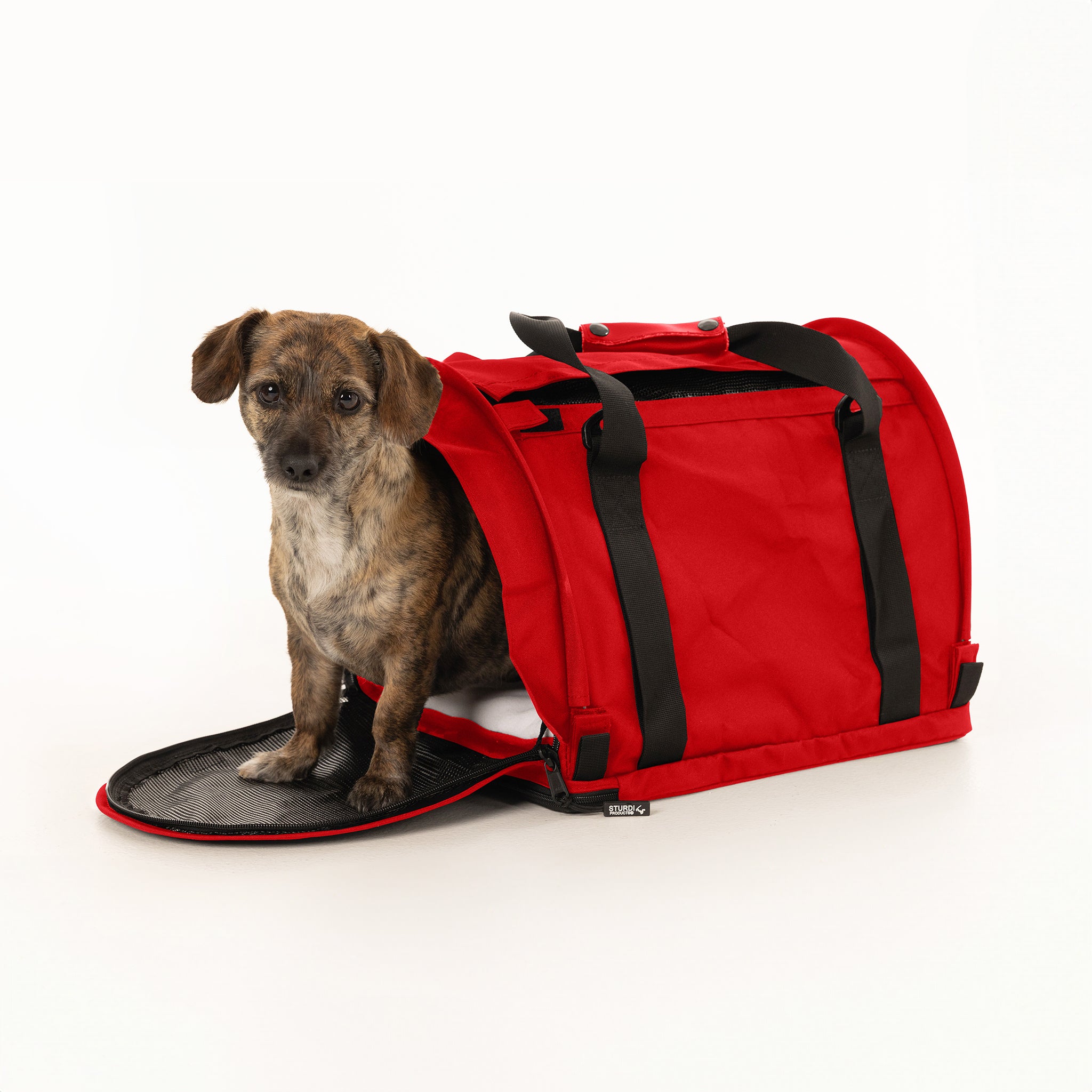 Red SturdiBag Pro 2.0 soft-sided pet carrier with a brindle dog peeking out, showing mesh and handles.