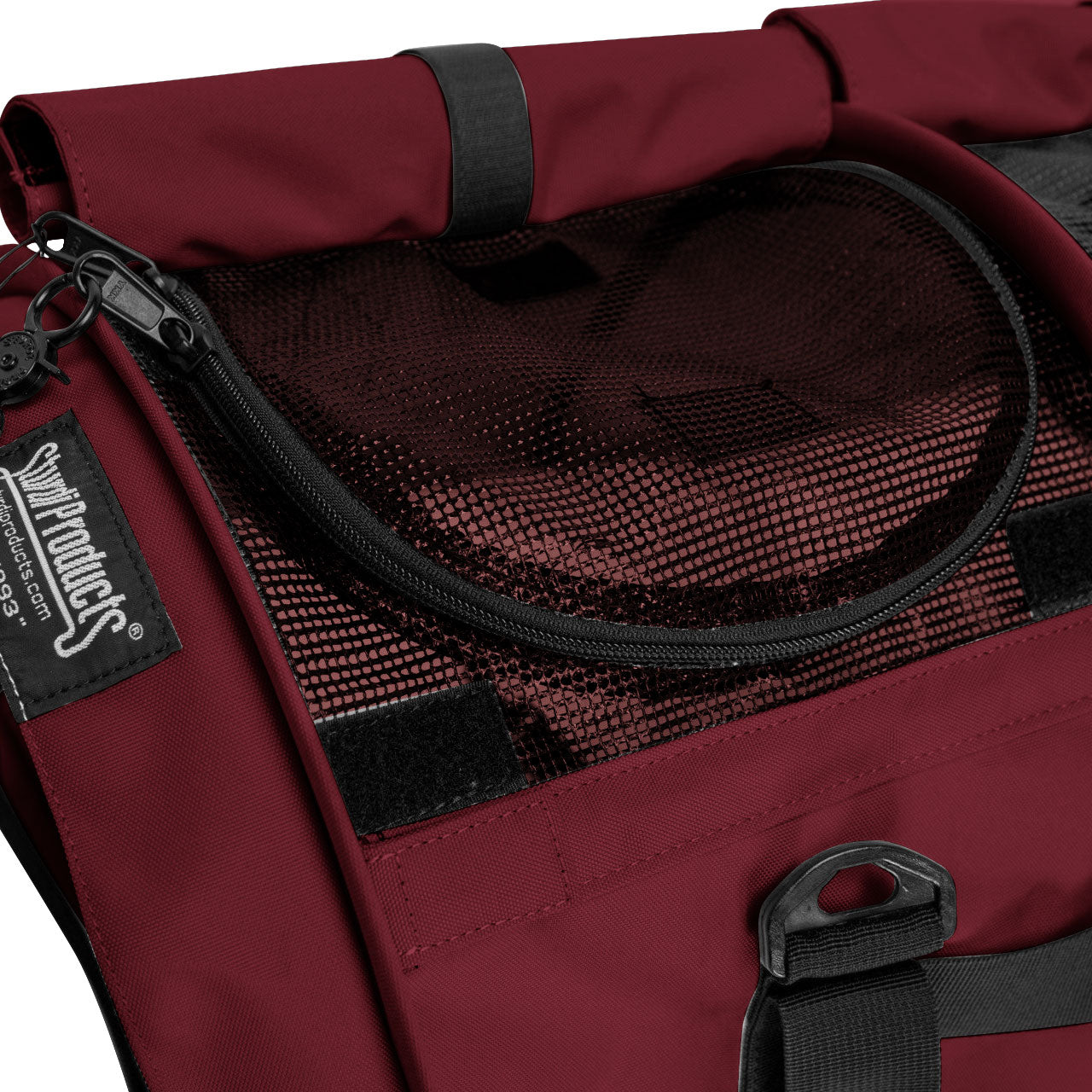 Maroon SturdiBag Pro 3.0 pet carrier with black mesh top opening and logo tag.