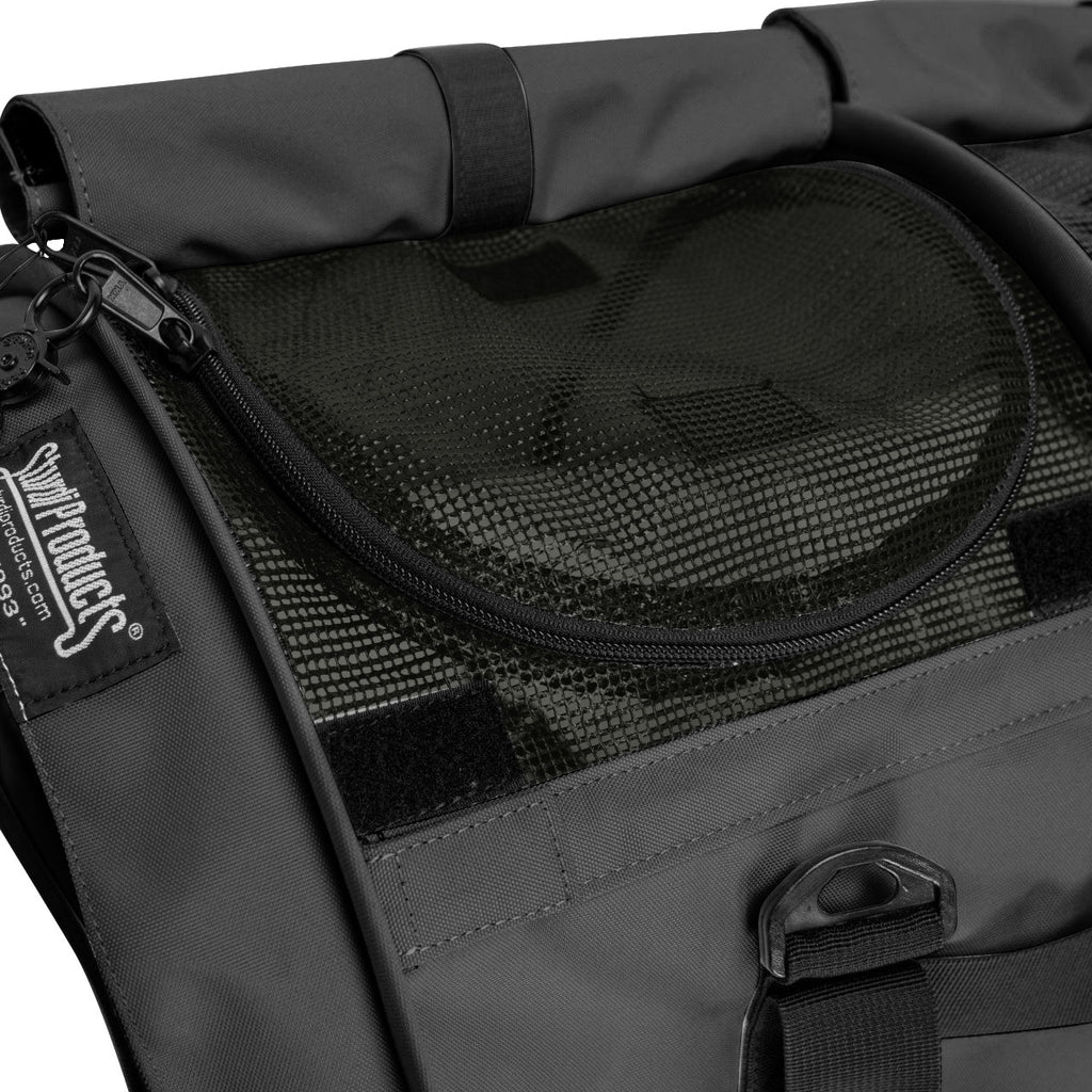 Dark gray SturdiBag Pro 3.0 divided pet carrier with black mesh window, zipper, and logo tag.