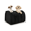 Two small dogs, a Jack Russell and a tan fluffy dog, in a black SturdiBag Pro 3.0 divided pet carrier.