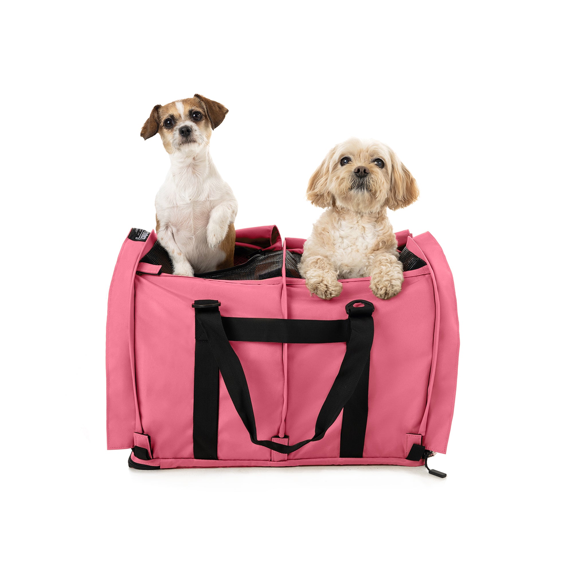 Pink SturdiBag Pro 3.0 divided pet carrier with two small dogs inside, showing mesh top and black straps.