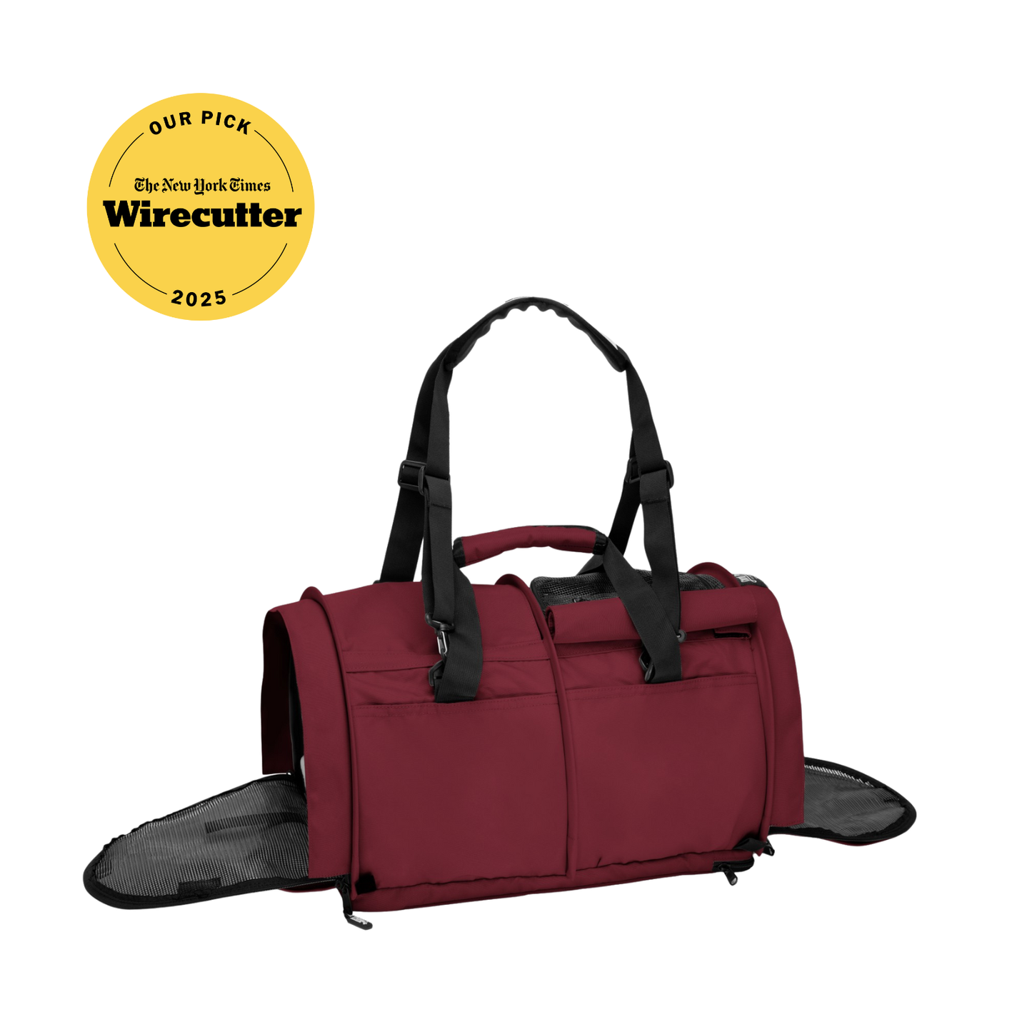 SturdiBag Pro 3.0 pet carrier in burgundy, with mesh sides unzipped and black straps.