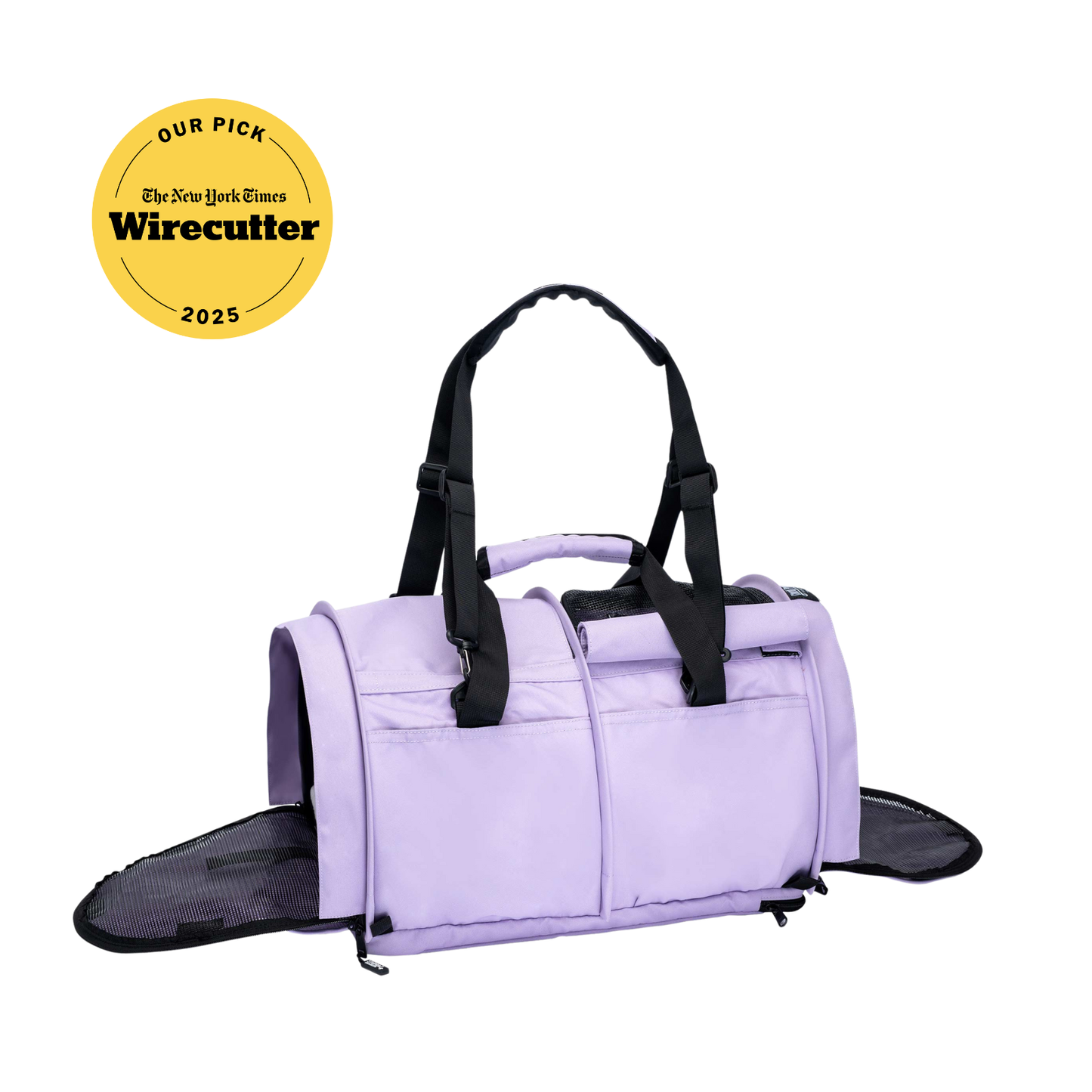 Lavender SturdiBag Pro 3.0 pet carrier with black straps, mesh sides, and a Wirecutter award badge.