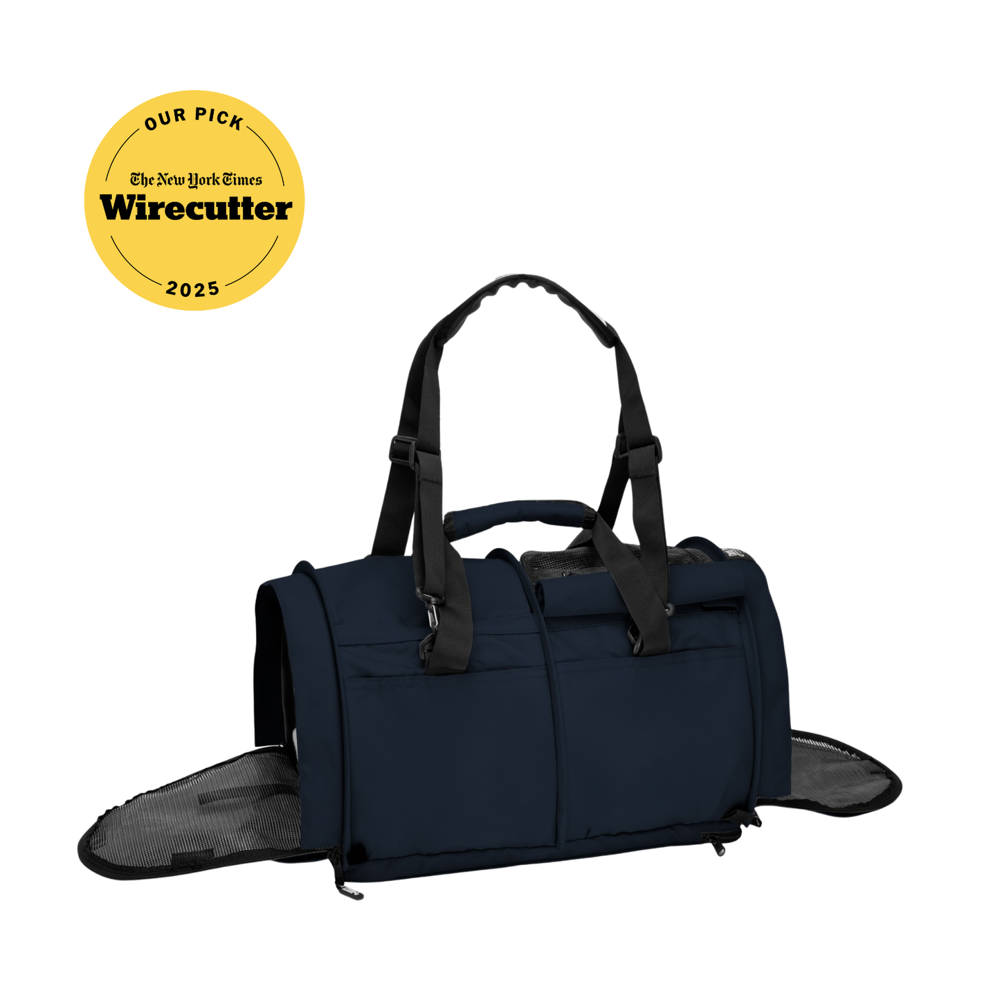 Navy blue SturdiBag Pro 3.0 soft-sided pet carrier with mesh panels and black straps.