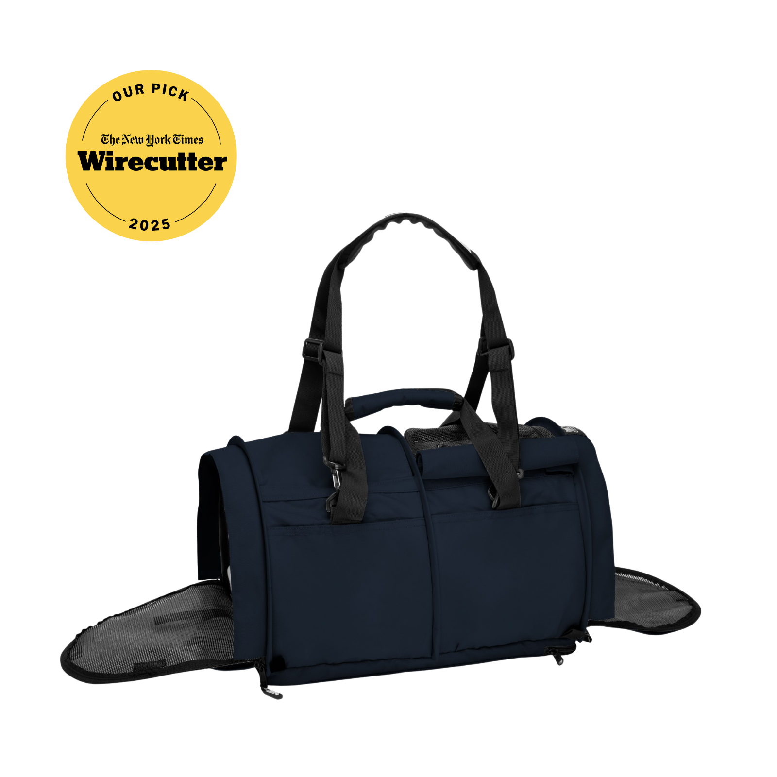 Navy blue SturdiBag Pro 3.0 soft-sided pet carrier with mesh panels and black straps.