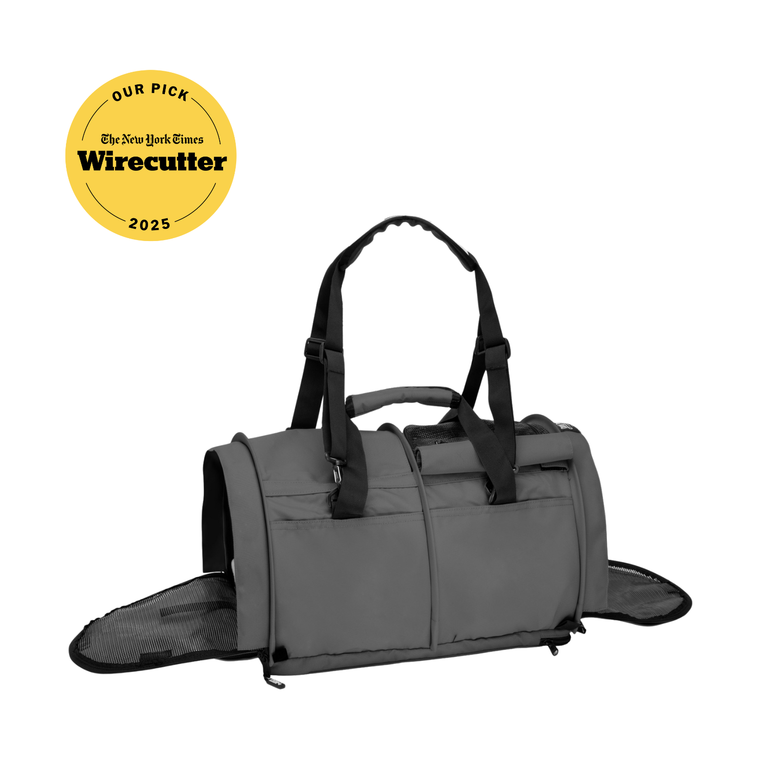 Gray SturdiBag Pro 3.0 soft-sided pet carrier with mesh panels, black straps, and open side flaps.