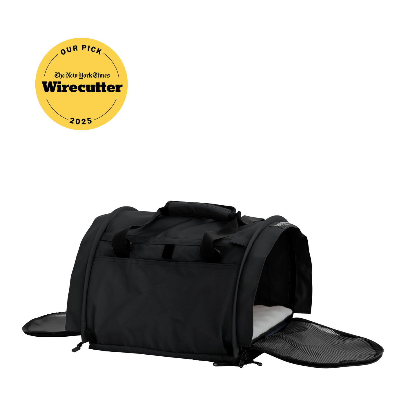 Black SturdiBag Pro 3.0 soft-sided pet carrier with mesh panels and top entry open, showing a white pad inside.