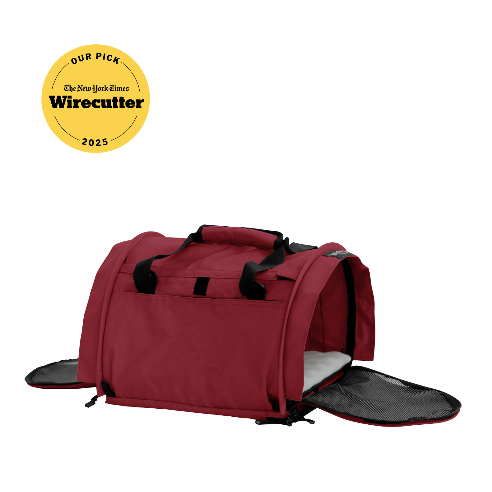 Red SturdiBag Pro 3.0 soft-sided pet carrier with mesh panels, open side entry, and top handle.