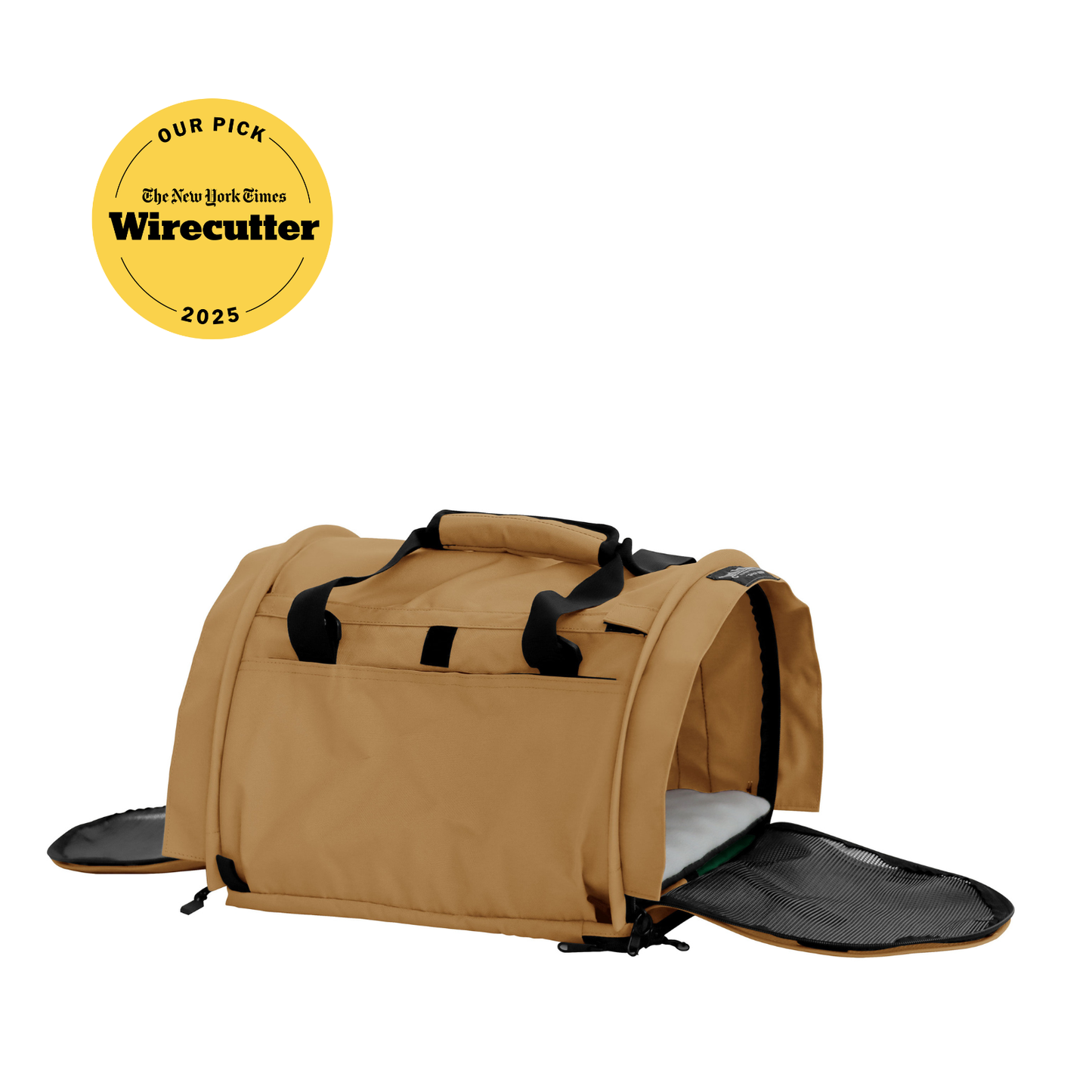 Tan SturdiBag Pro 3.0 soft-sided pet carrier with mesh panels, open side entry, and top handle.