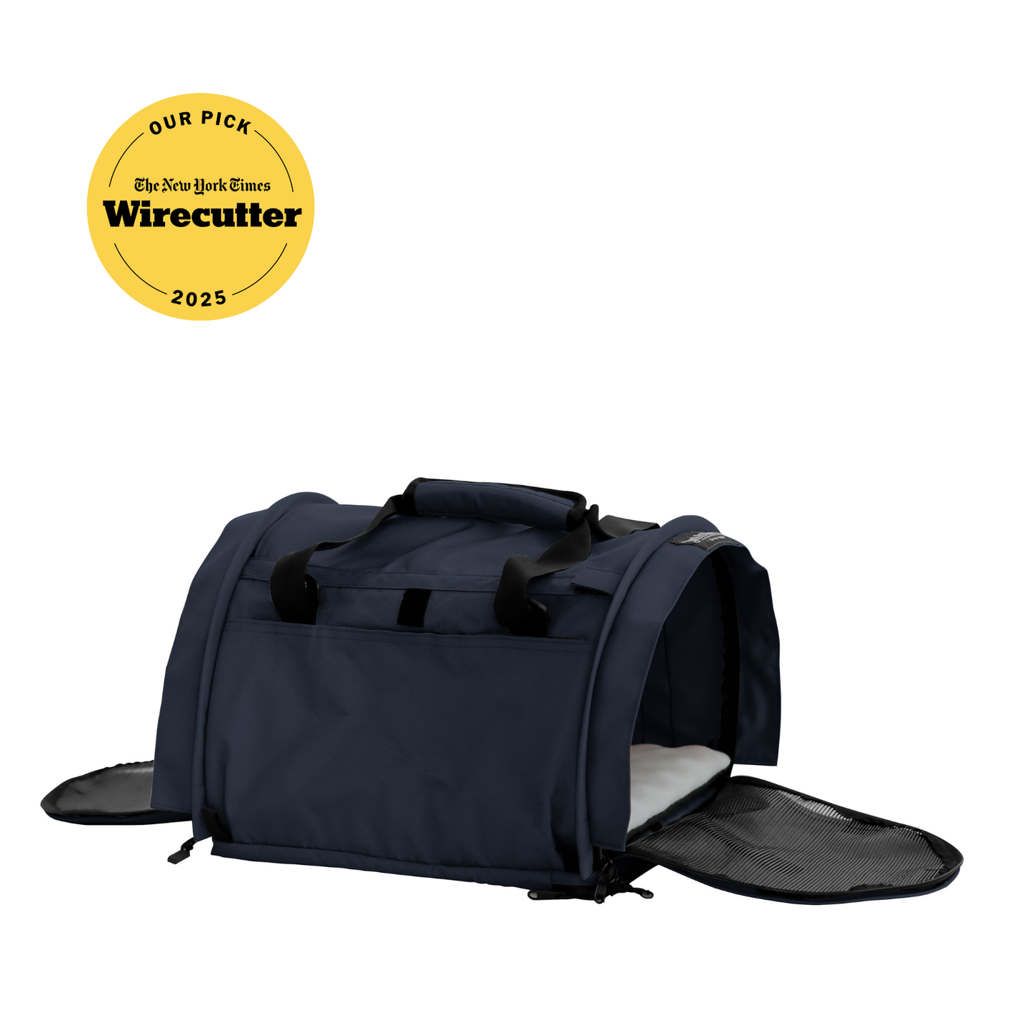 Navy blue SturdiBag Pro 3.0 soft-sided pet carrier with mesh panels and open side flaps.