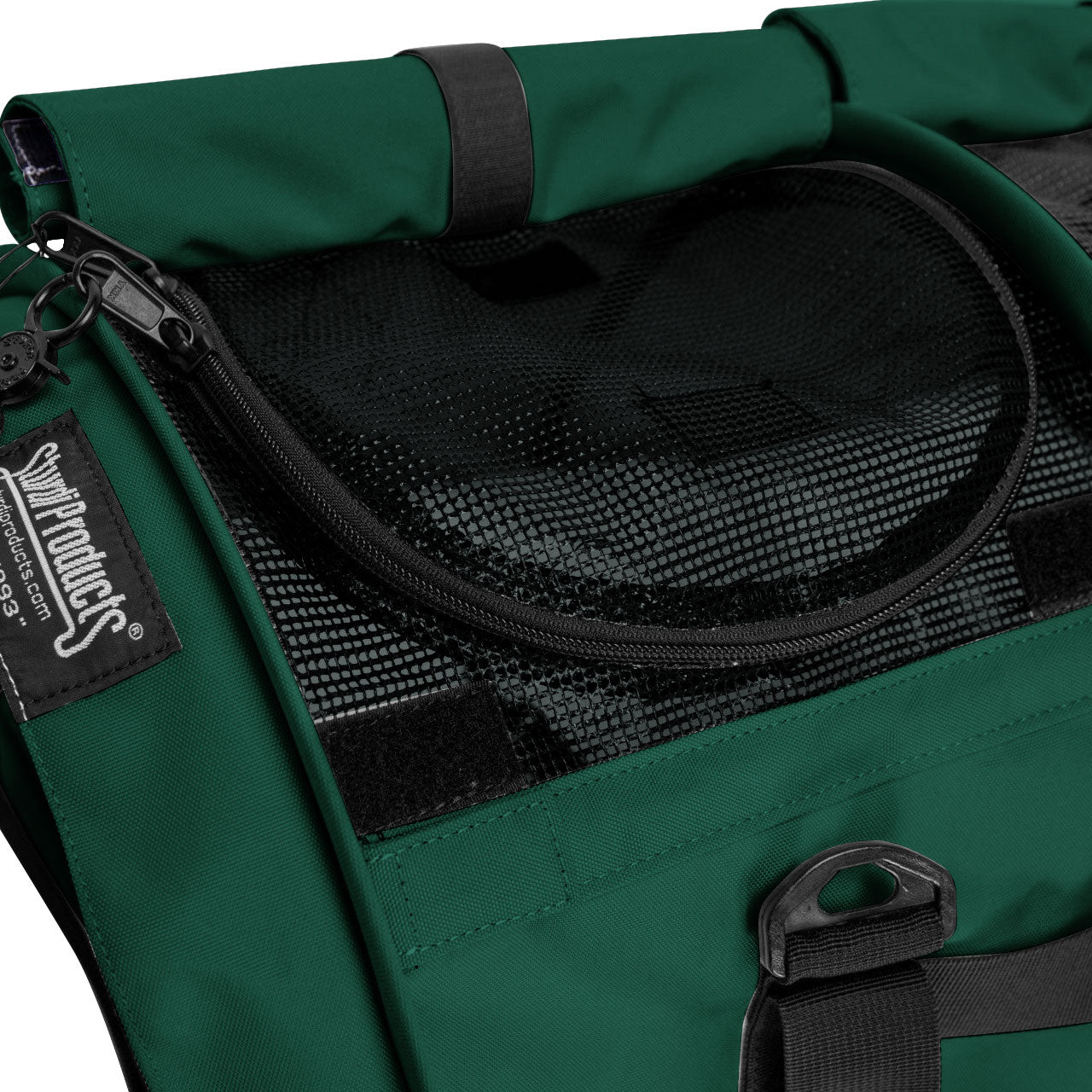 Close-up of a dark green SturdiBag Pro 3.0 pet carrier with black mesh window and zipper.