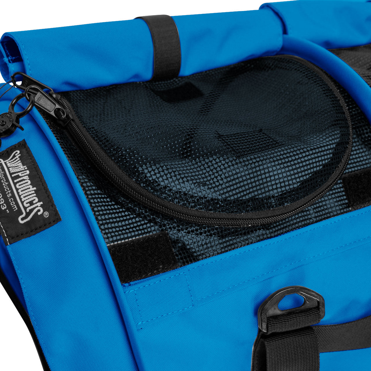 Blue SturdiBag Pro 3.0 pet carrier with black mesh window, zipper, and "Sturdi Products" logo.