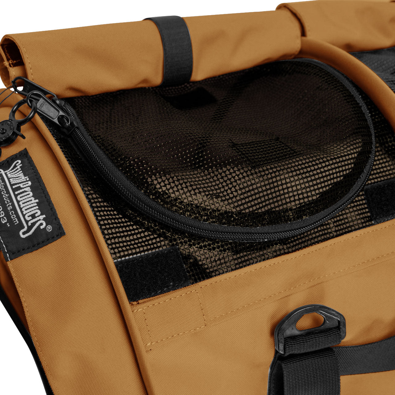 Tan SturdiBag Pro 3.0 pet carrier with black mesh top opening and zipper, showing durable fabric.