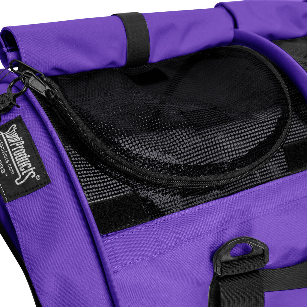 Purple SturdiBag Pro 3.0 pet carrier with black mesh top opening and zipper, showing durable fabric.