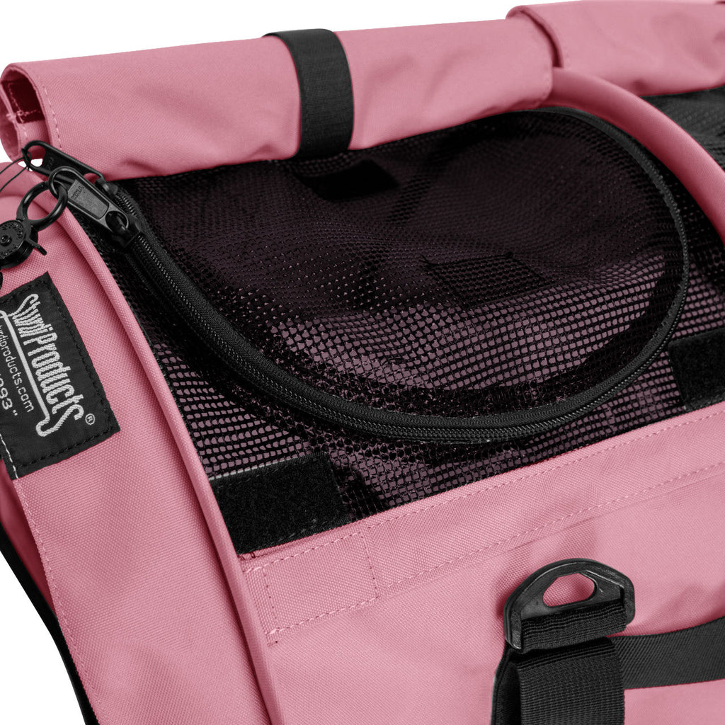 Pink SturdiBag Pro 3.0 soft-sided pet carrier with black mesh top opening and zipper.