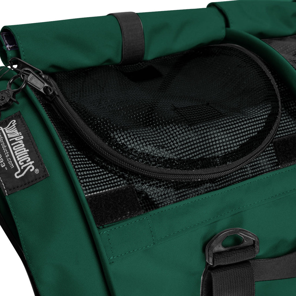 Dark green SturdiBag Pro 3.0 pet carrier with black mesh top opening and logo tag.