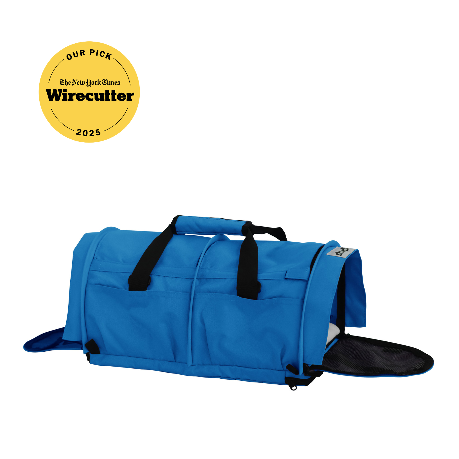Blue SturdiBag Pro 3.0 soft-sided pet carrier with mesh panels, handles, and shoulder strap.