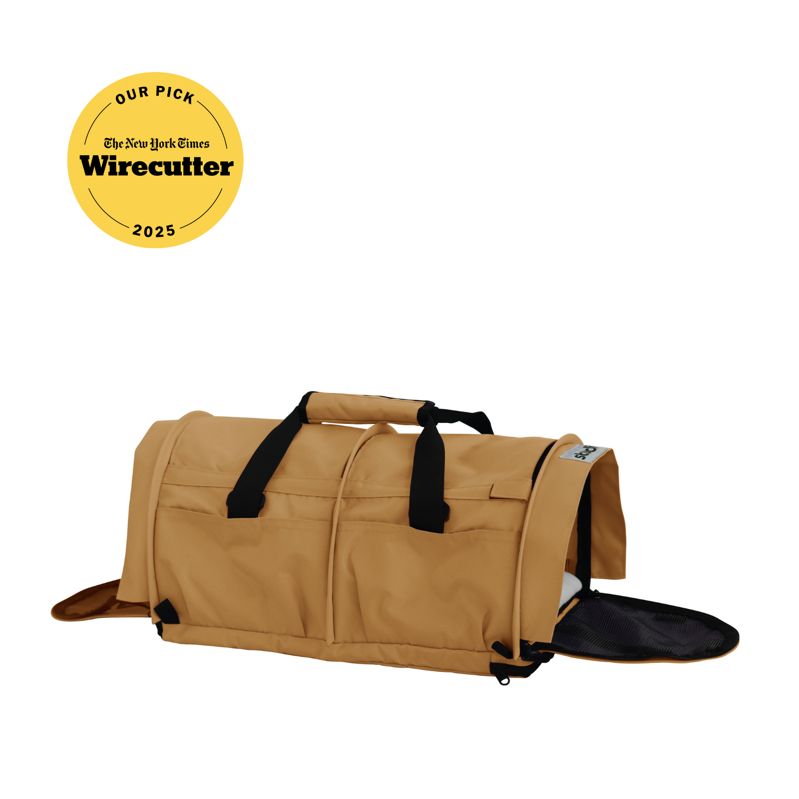 Tan SturdiBag Pro 3.0 soft-sided pet carrier with mesh window, top handle, and shoulder strap.